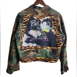 Upcycled Army Camo Cropped Jacket  Pink Floyd Patchwork Tiger Print Trim Sz M/L